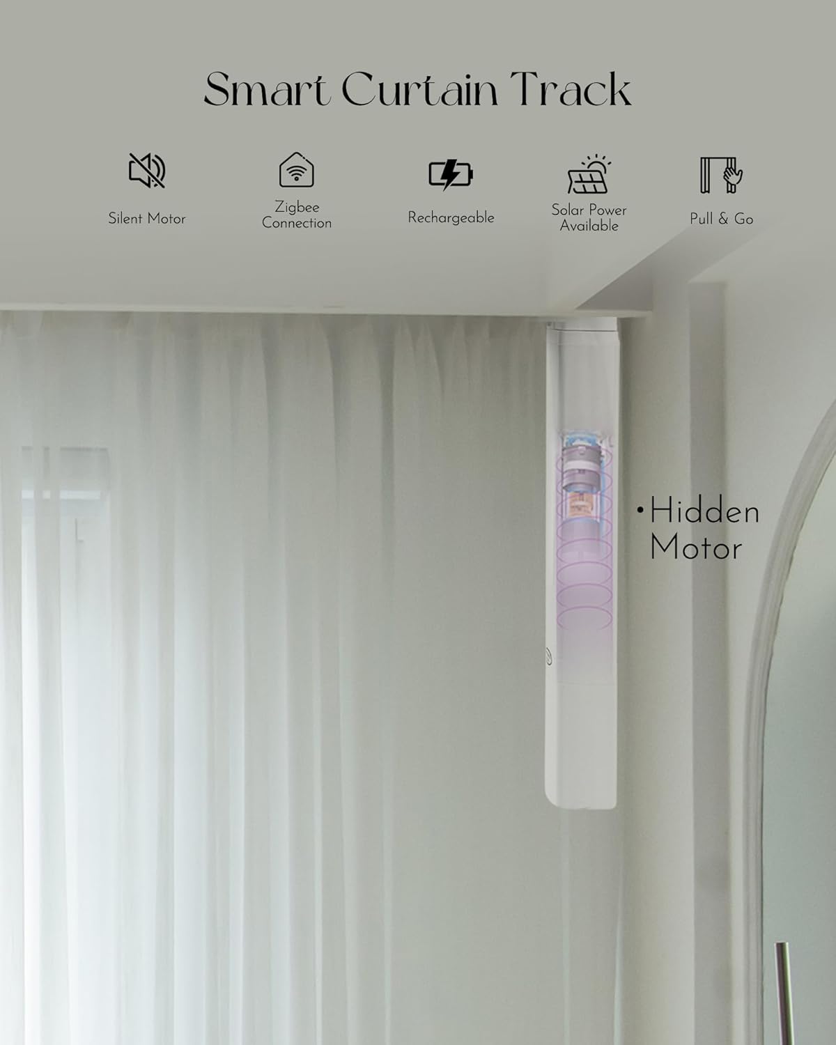 Graywind Rechargeable Smart Curtains Compatible with Alexa App Remote Control Motorized Drape for Sliding Door One-Way or Split Draw, Custom Width Up to 220" (Sheer Solid White)