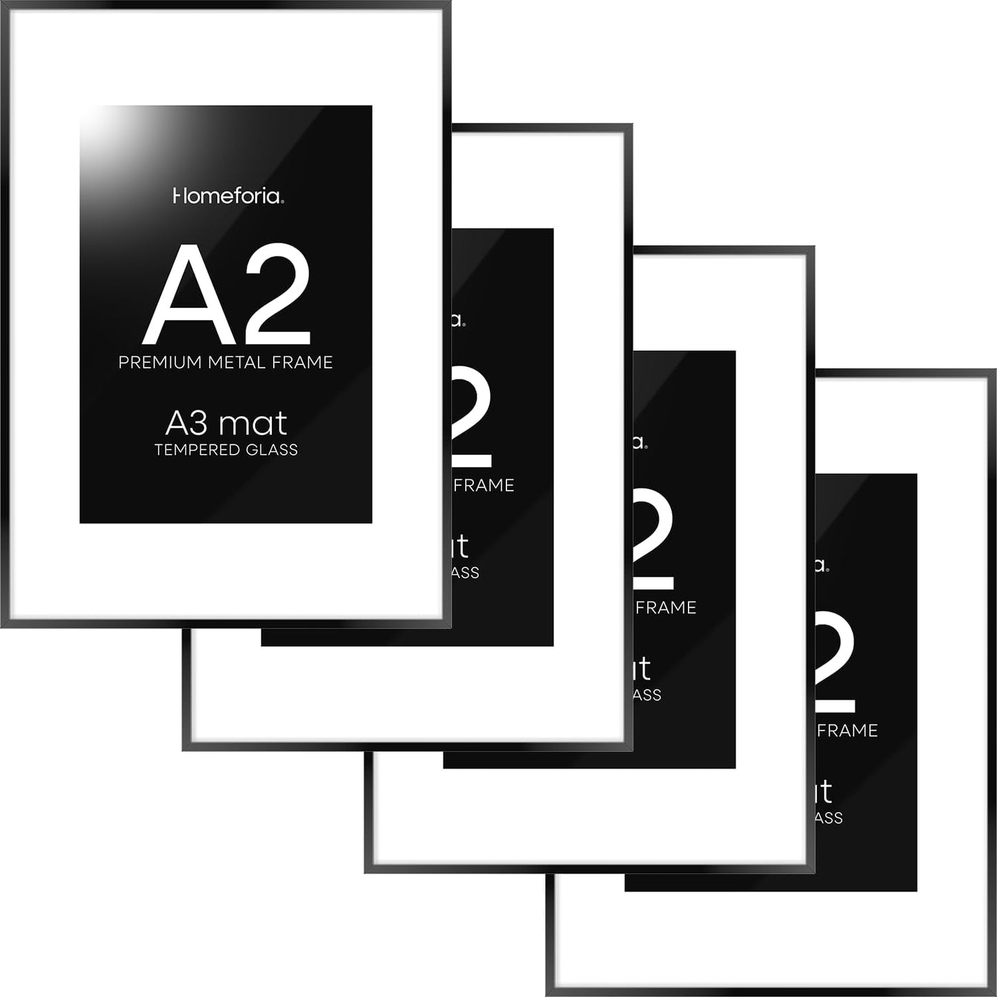 Homeoforia A2 Picture Frame Black, High End Metal 16.5 x 23.5 inch Poster Frames with Mat 11.7 x 16.5 for Photo, A2 Size Frame Matted to A3 Print, 16.5 by 23.4 Hanging Frames, Tempered Glass, Set of 4