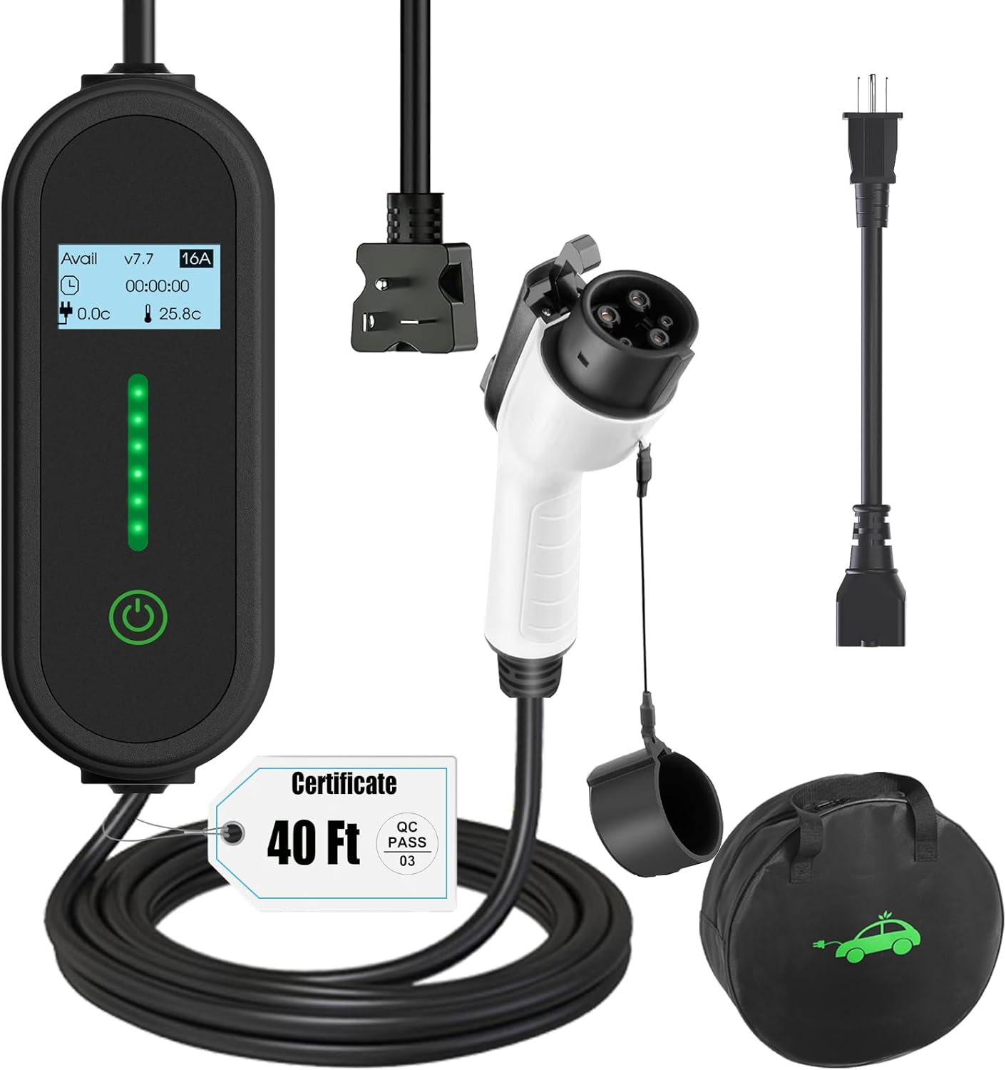 40Ft Cord EV Charger, 16Amp 110V/240V Portable Level 1 Level 2 Electric Vehicle Charging Station with NEMA 6-20 Plug & NEMA 5-15 Adapter for J1772 Electric Cars