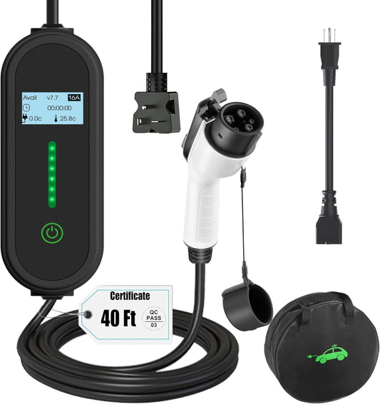 40Ft Cord EV Charger, 16Amp 110V/240V Portable Level 1 Level 2 Electric Vehicle Charging Station with NEMA 6-20 Plug & NEMA 5-15 Adapter for J1772 Electric Cars