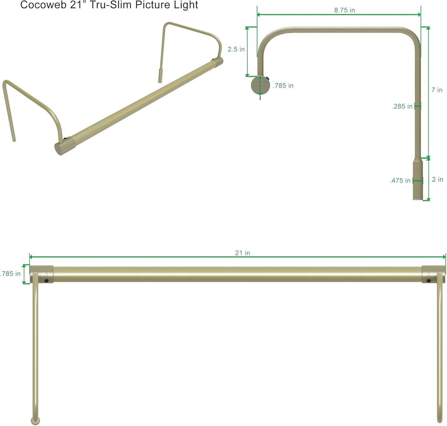 Cocoweb 21 Inch Tru-Slim Antique Brass Picture Light - LED, 2700K, Adjustable Arm, Plug-in, Toggle Switch, Sleek and Compact Design