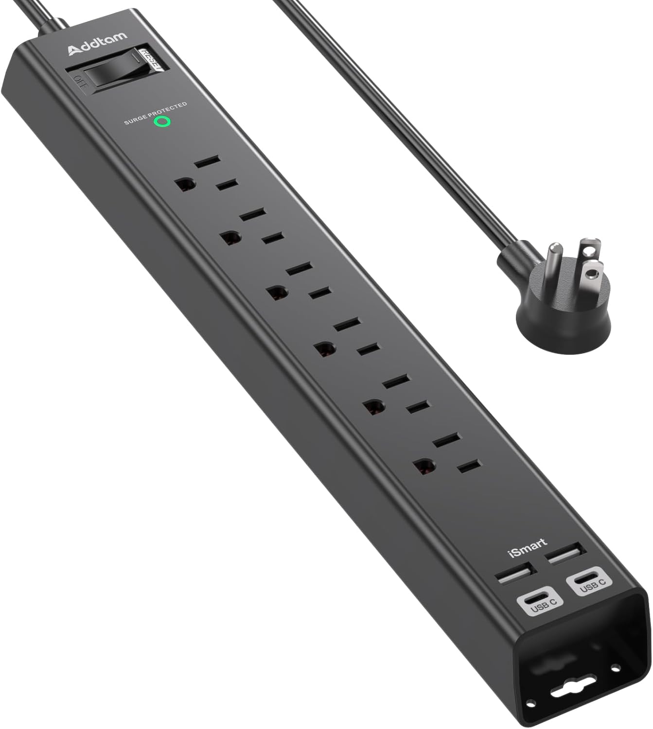 Flat Extension Cord, Addtam 5Ft Surge Protector Power Strip with 6 AC Outlets 4 USB, 1875W/15A, Wall Mount, Desk Charging Station for Office School College Dorm Room Essentials, ETL Listed