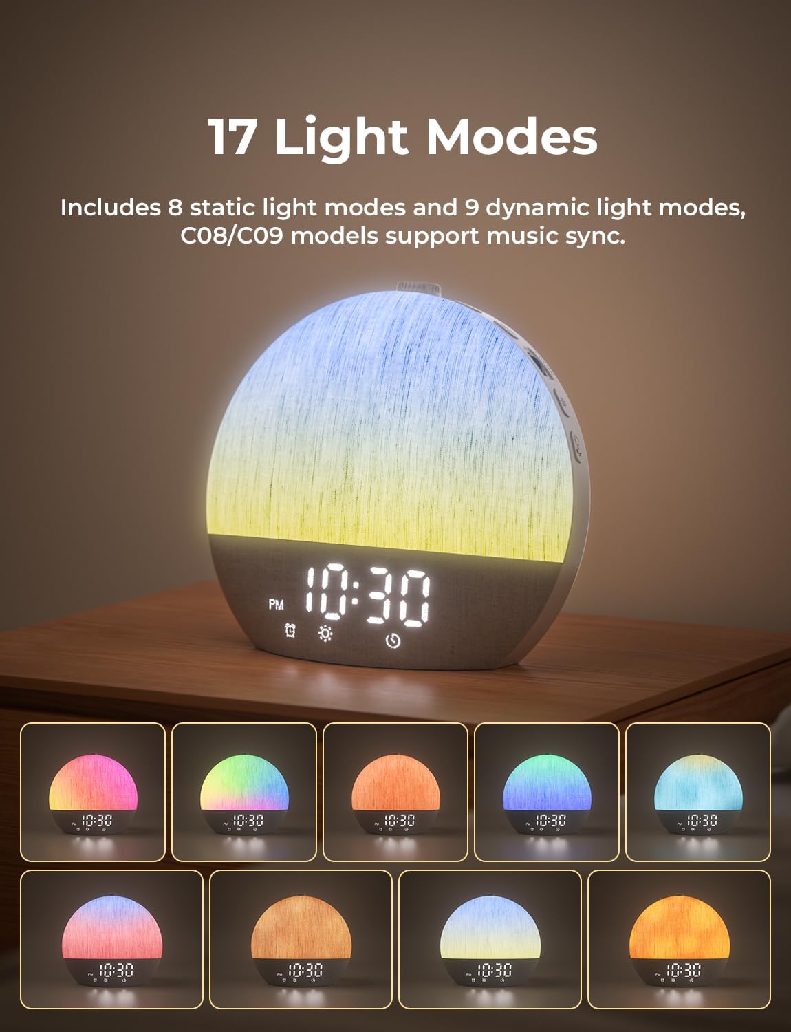 LIORQUE Sunrise Alarm Clock, Digital Alarm Clocks Bedside, 30 Sleep Sounds, Sleep Timer, Adjustable Volume & Brightness,Screen Free Design, Bluetooth, Wake up Light with White Noise for Heavy Sleepers