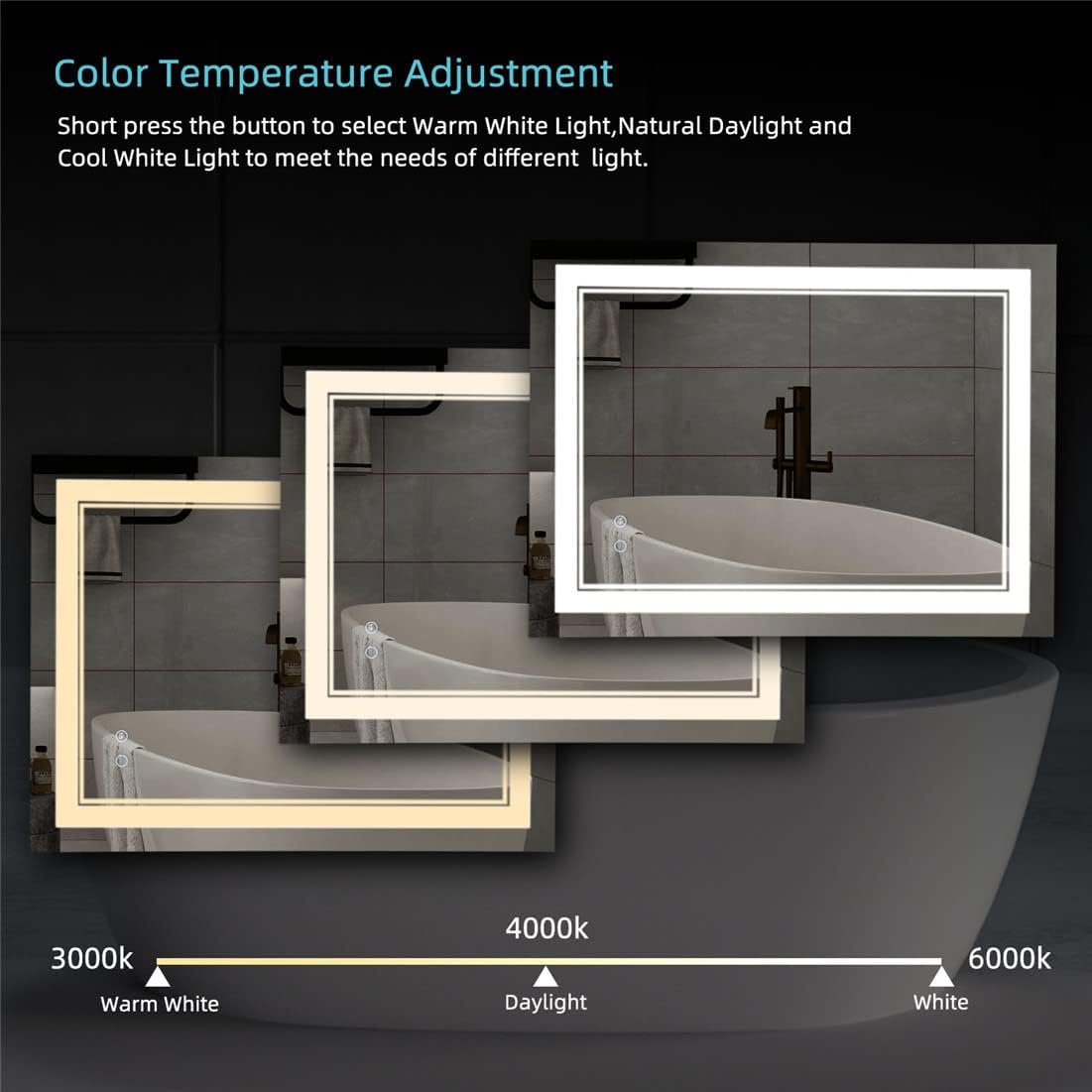 48" x 24" LED Bathroom Mirror Wall-Mounted Anti-Fog Vanity Mirror With Lights Dimmable