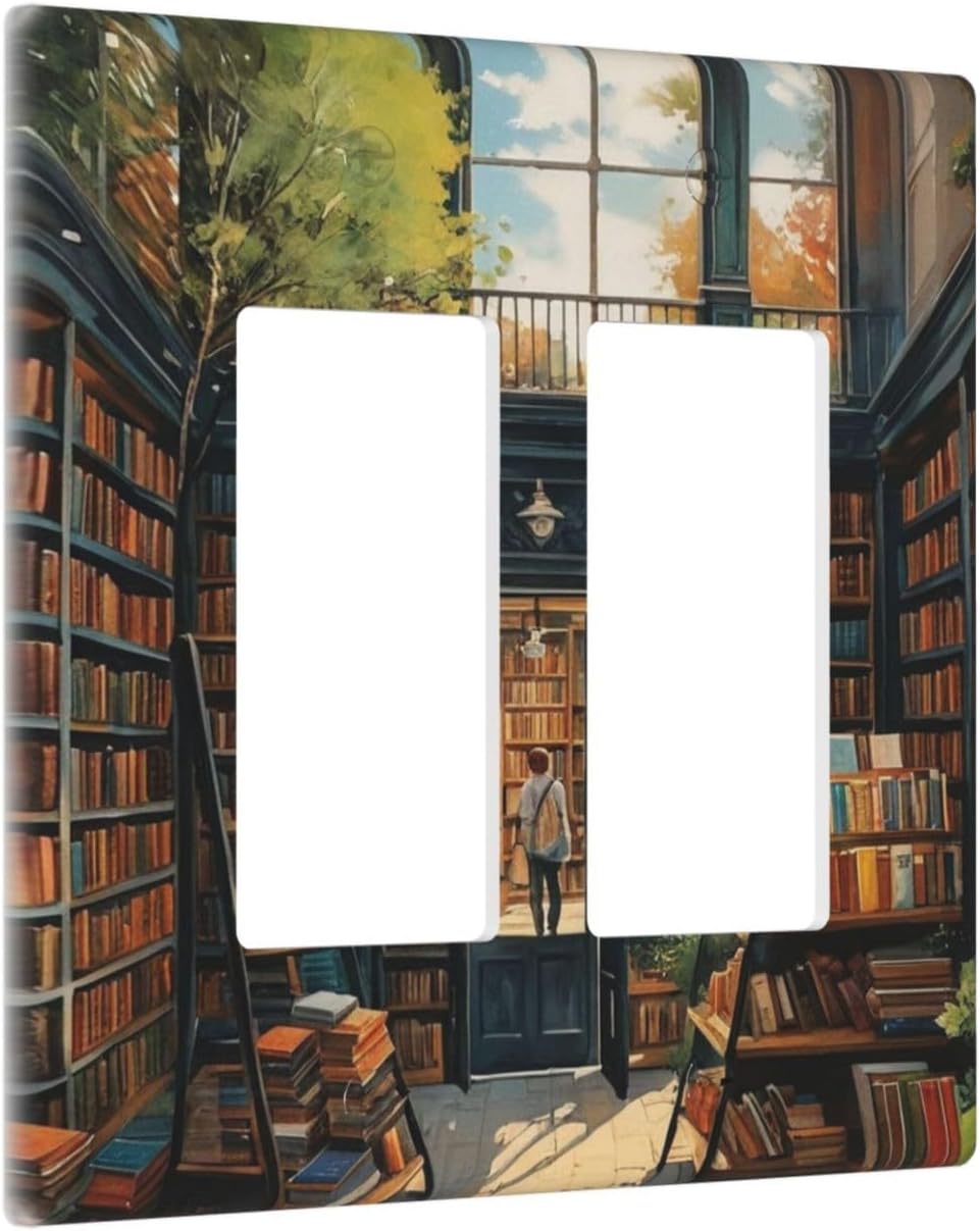 Library With A Lot Of Books Dual Outlet Covers Wall Plate 2 Gang Rocker Decora Decorative Switchplate Electrical Faceplate GFCI Light Switch Covers for Farmhouse Living Decor
