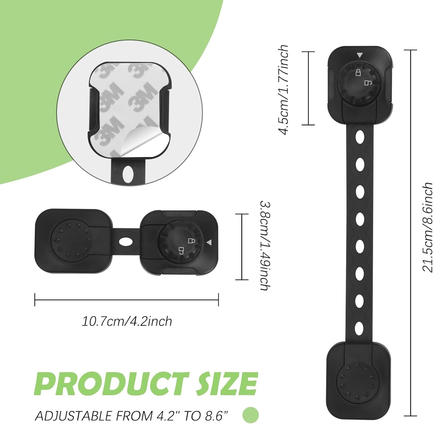 Songaa Child Safety Cabinets Strap Locks 2 Pack - Adjustable Baby Proofing Cabinet Latches for Drawers, Oven, Dishwasher, Fridge, Toilet Seat, Trash Can, with 3M Adhesive Pads - Black