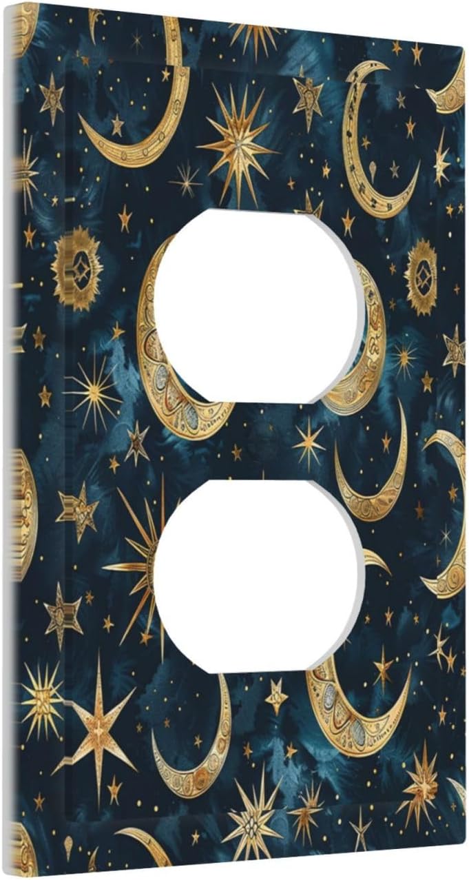Outlet Covers Modern Abstract Sky Blue Gold Moon Sun Star 1 Gang Duplex Wall Plate Decorative Switch Plates Electrical Receptacle Faceplate Light Switch Cover for Bedroom Kids room Decor