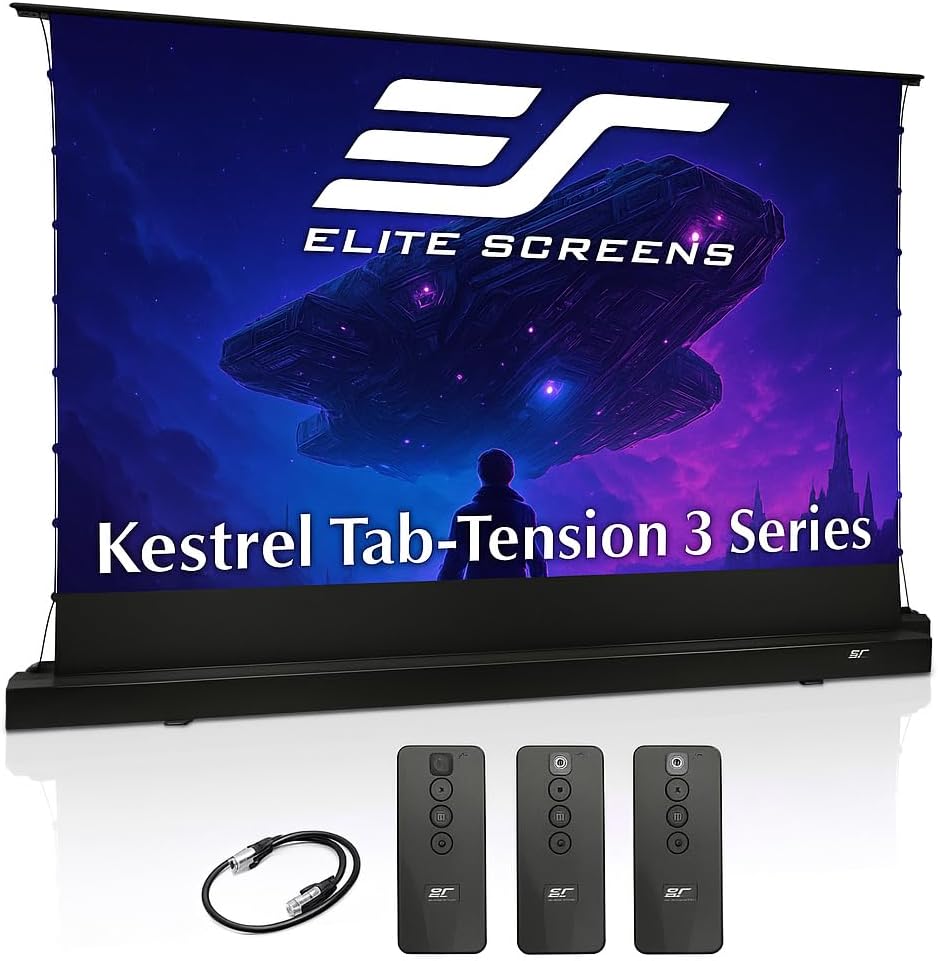 Elite Screens Kestrel Tab-Tension 3 CineWhite, 135 inch 16:9 Aspect Ratio, ISF Certified, Electric Floor-Rising Motorized Tab-Tensioned Front Projector Screen, Programmed Remote Kit, FTE135H3