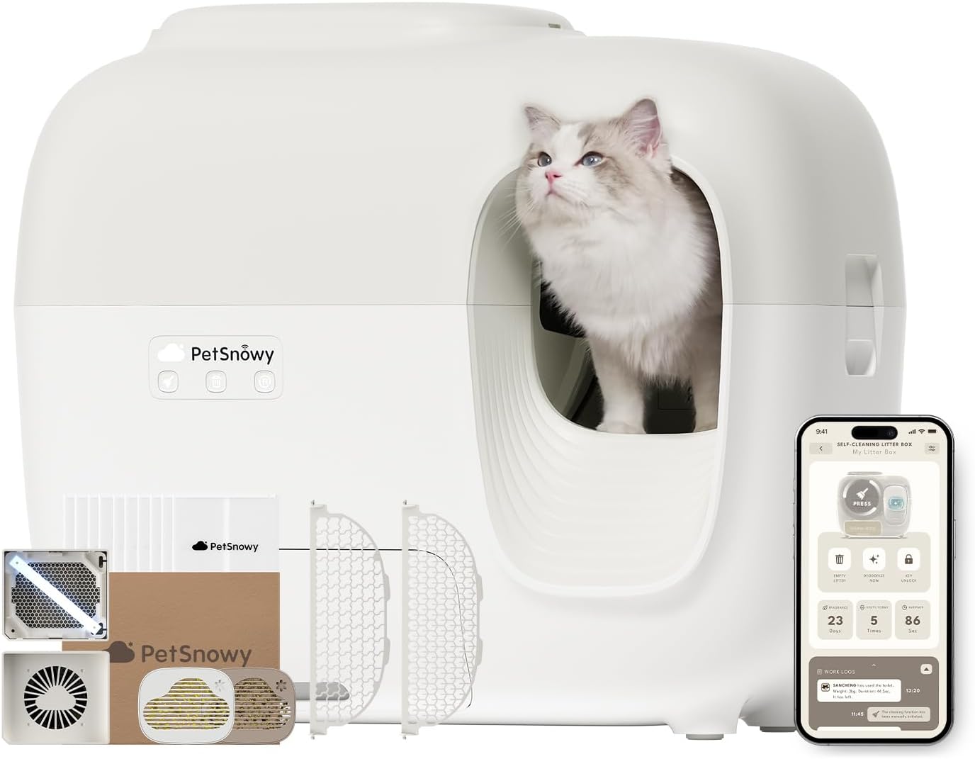 PetSnowy Self-Cleaning Automatic Cat Litter Box with Odor Control TiO2 System, Robot Litter Box with Auto-Packing, App Control, Large Cats & Multiple Cats (2025 Premium Version)