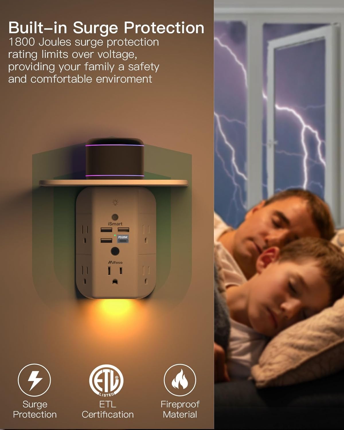 PD20W Wall Outlet Extender, Outlet Splitter with Shelf and Night Light, USB Wall Charger with 5 AC Outlets and 3 USB A Ports 1 USB C Ports Wide Space 3-Sided Power Strip Multi Plug Outlets