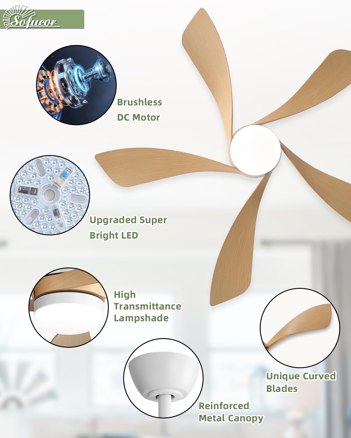 Sofucor 45" Smart Ceiling Fan, Outdoor Modern Ceiling Fans with Lights and Remote, Works with Alexa/Google/App, 3-Color Light 6-Speed Timing Reversible DC Motor for Living Room Bedroom Patio