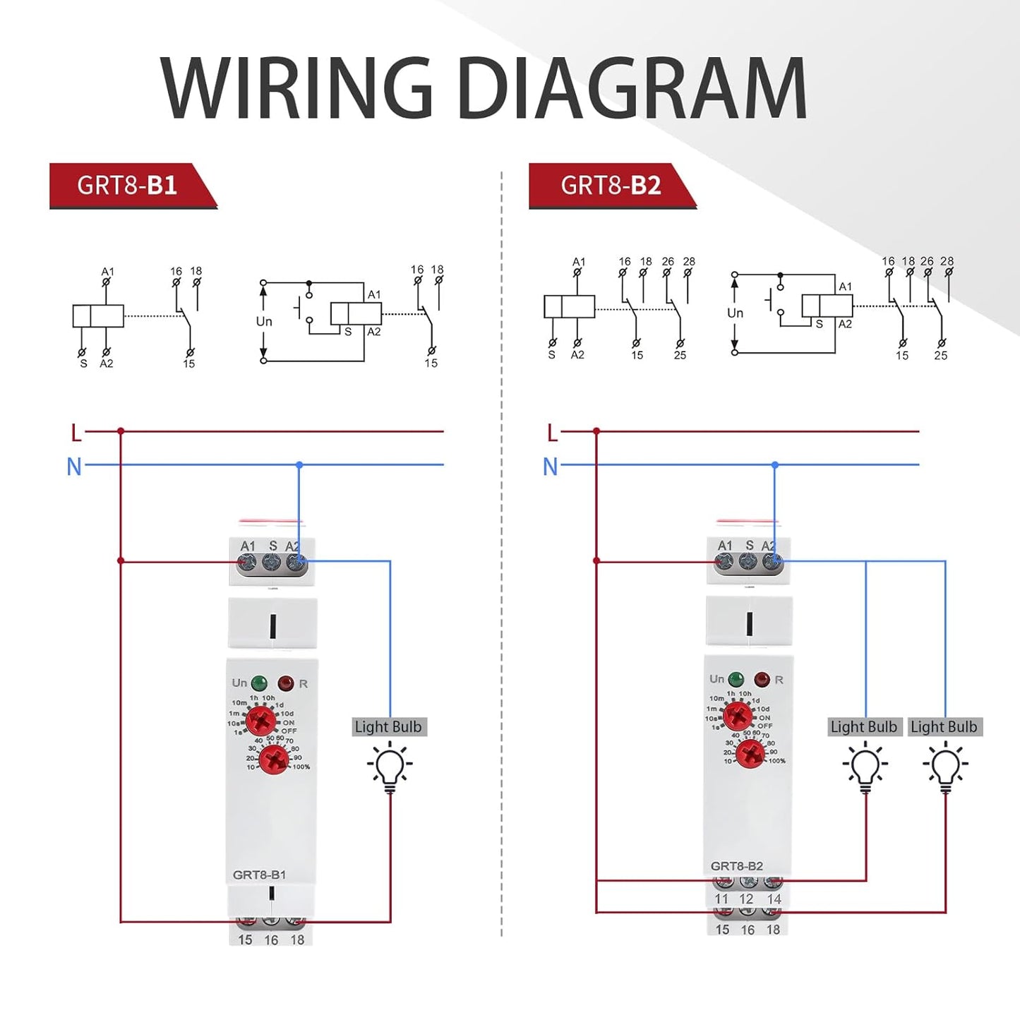 Delay Turn Off Time Relay 16A Delay Timer Relay 2SPDT GRT8 B2 DIN Rail Electronic Relays of Wide Time Delay Range for 0.1 Seconds to 10 Days Voltage Range AC 230V