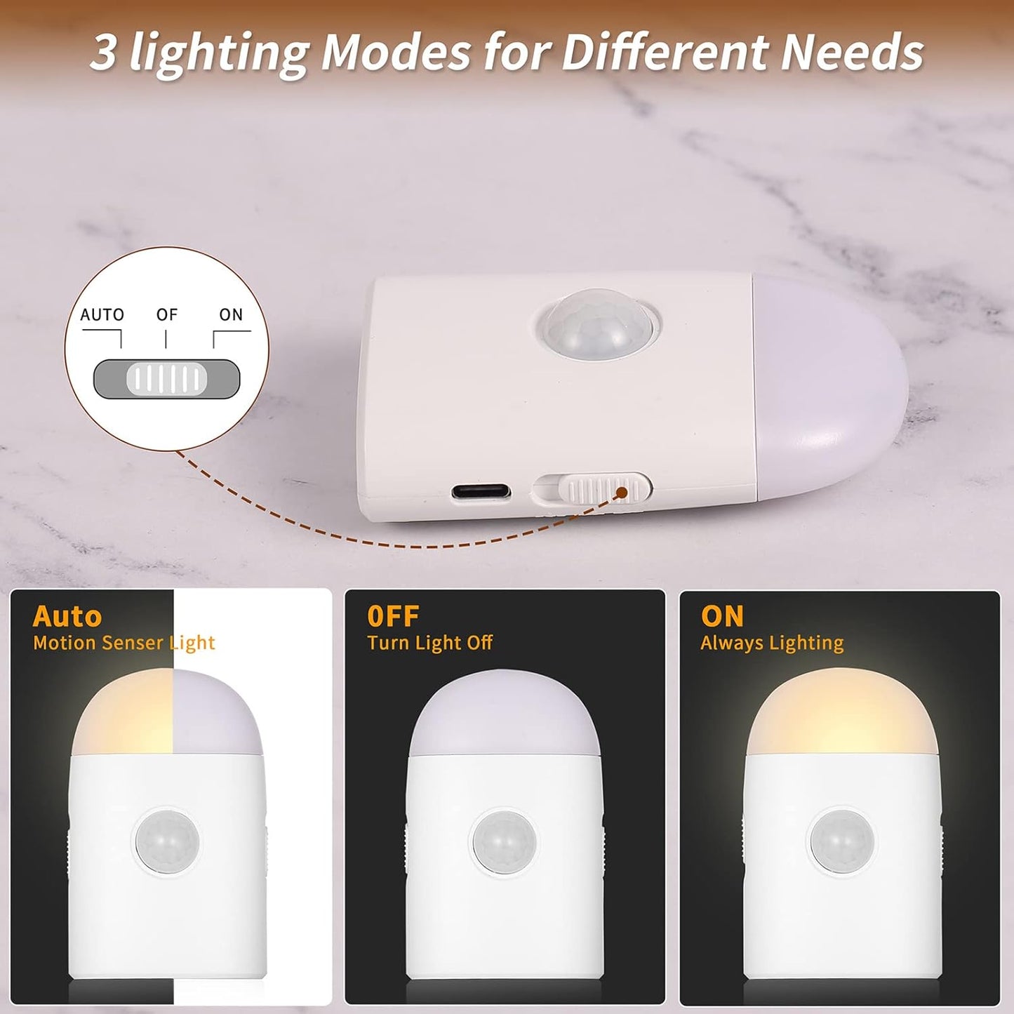 Motion Sensor LED Night Lights Warm White with Adjustable Brightness Rechargeable Battery, with Hook and Stick-On for Cabinet, Wardrobe,Closet,Hallway, Stairs (1 Pack)