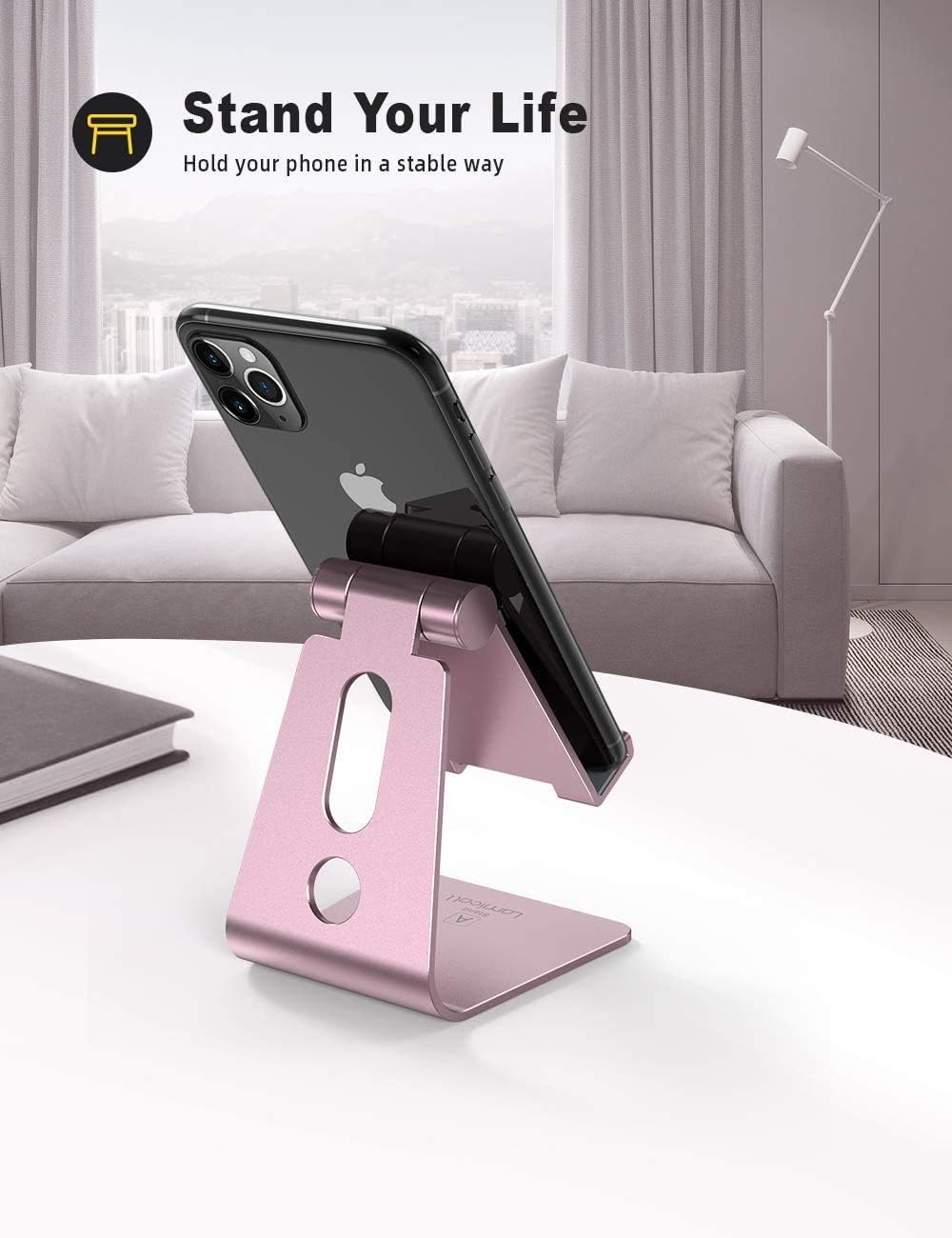 Lamicall Pink Phone Stand, Desk Accessories - Rose Gold Pink Cell Phone Holder, Office Decor, Office Desktop Accessories, Suitable for iPhone 16 15 14 13 Pro Max, 4-8'' Phone