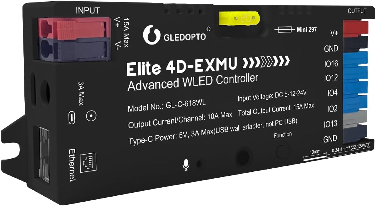 GLEDOPTO Elite 4 Channel ESP32 WLED LED Strip Light Controller Ethernet WiFi Dual Control Sound Reactive UART Energy Save Relay 20A Pluggable Fuse Level Shifter WS2811/12 SK6812 WS2815 Addressable LED
