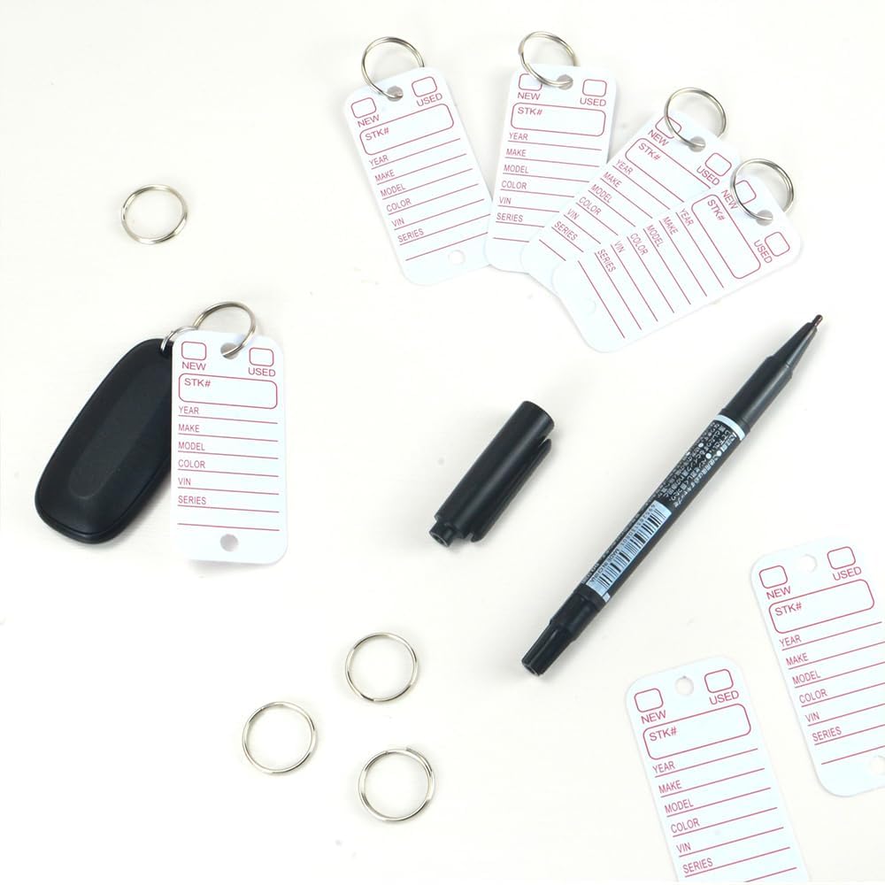500 Pcs PVC Tags with Labels and Rings, Car Key for Organization, Identifiers, and Luggage Tags with 4 Pcs Markers, Plastic Keychain Tags for Car, Truck, and Dealer Use