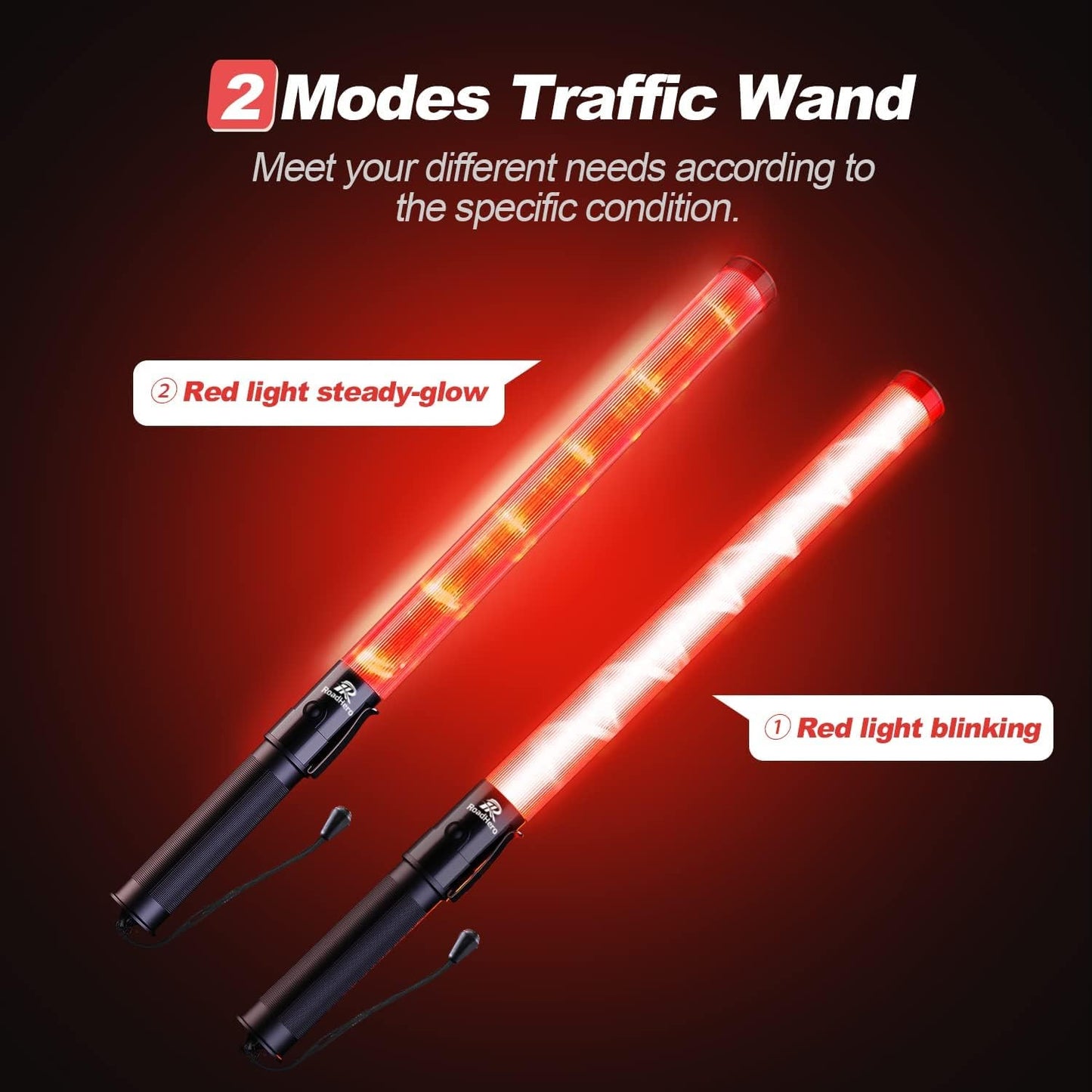 RoadHero 10 Pack 21 Inch Traffic Wand, Brightness Traffic Control Baton with 2 Flashing Modes, Safety Marshalling Wands with Side Clip for Airport, Parking Lot, Car Directing
