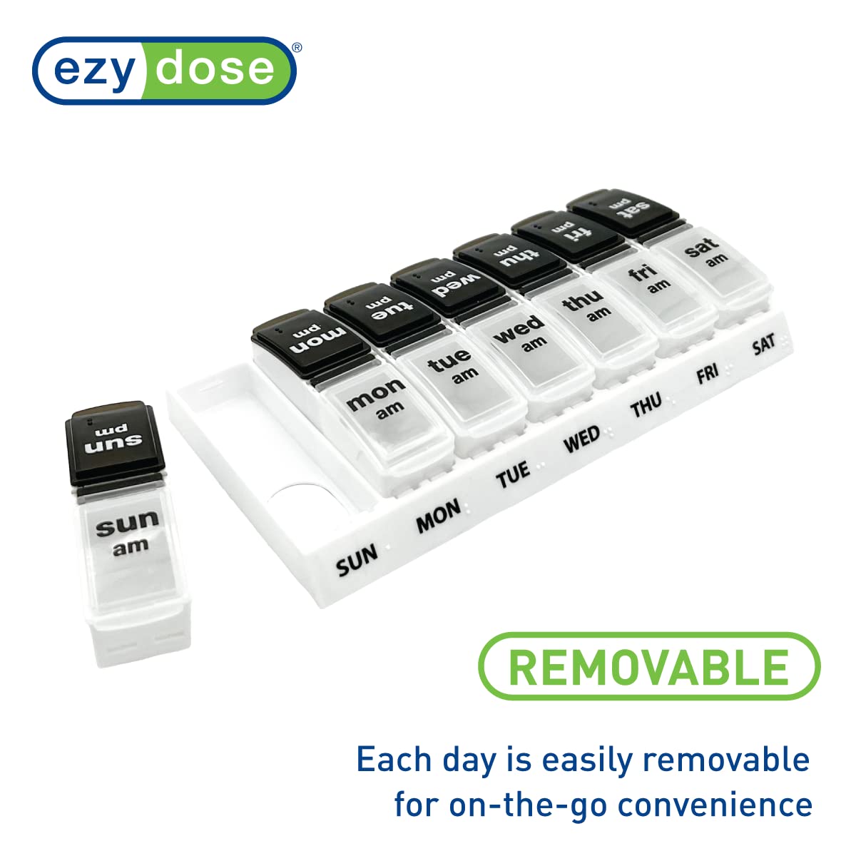 EZY DOSE Weekly (7-Day) Daily AM/PM Pill Case, Medicine Planner, Vitamin Organizer, Supplement Container, Large Pop-Out Compartments, Designed for Travel 2 Times a Day, Black and White Lids