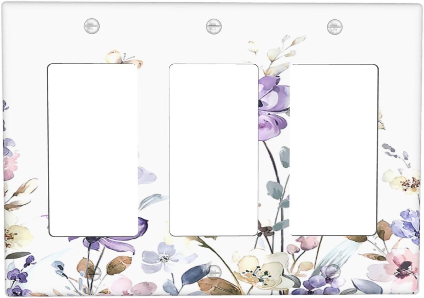 Light Switch Covers Purple Floral Lilac Watercolor Flower Leaves Butterfly Wildflower 3 Gang Rocker Electrical GFCI Decorative Triple Outlet Wall Plate Cover Switchplate for Bedroom Home