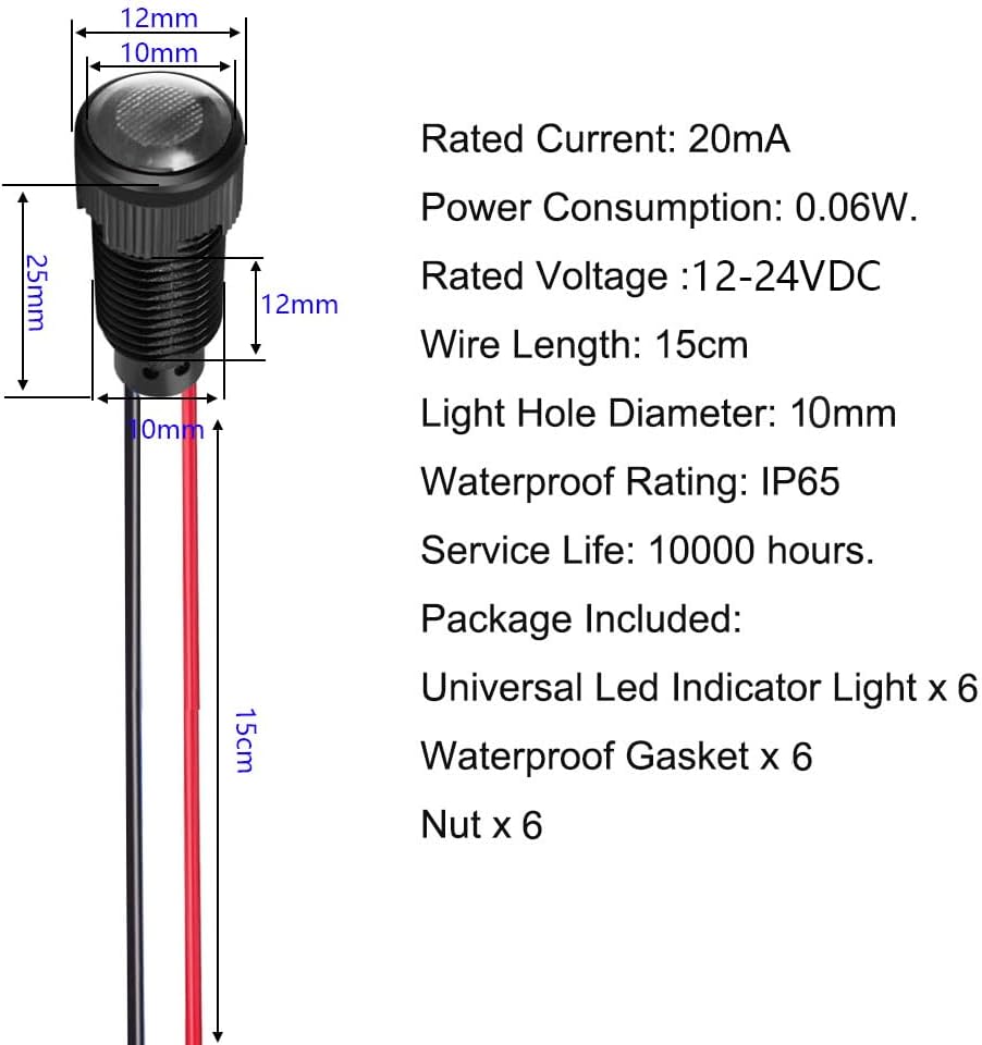 6pcs White LED Indicator Pilot Light AC/DC 12-24V Mounting Hole Size 10mm(Flame Retardant Plastic Shell)