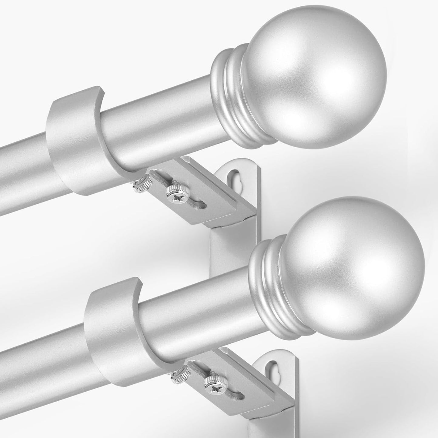 Curtain Rods for Windows 16 to 48 Inches, Curtain Rod Max Adjustable Length of 60 IN, 1" Diameter Drapery Rods Round Finials, Satin Silver, Pack of 2