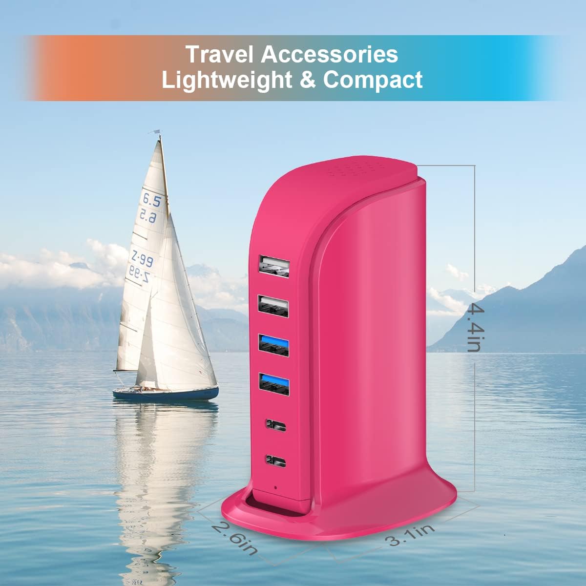 USB Charging Station Multiports Upoy, Charging Hub 6 Ports Dual Type-C, USB Tower Fast Charging for Tablets, Cellphones, Smart Watch, and More Electronic Gadgets, Portable Design, Travel Essentials