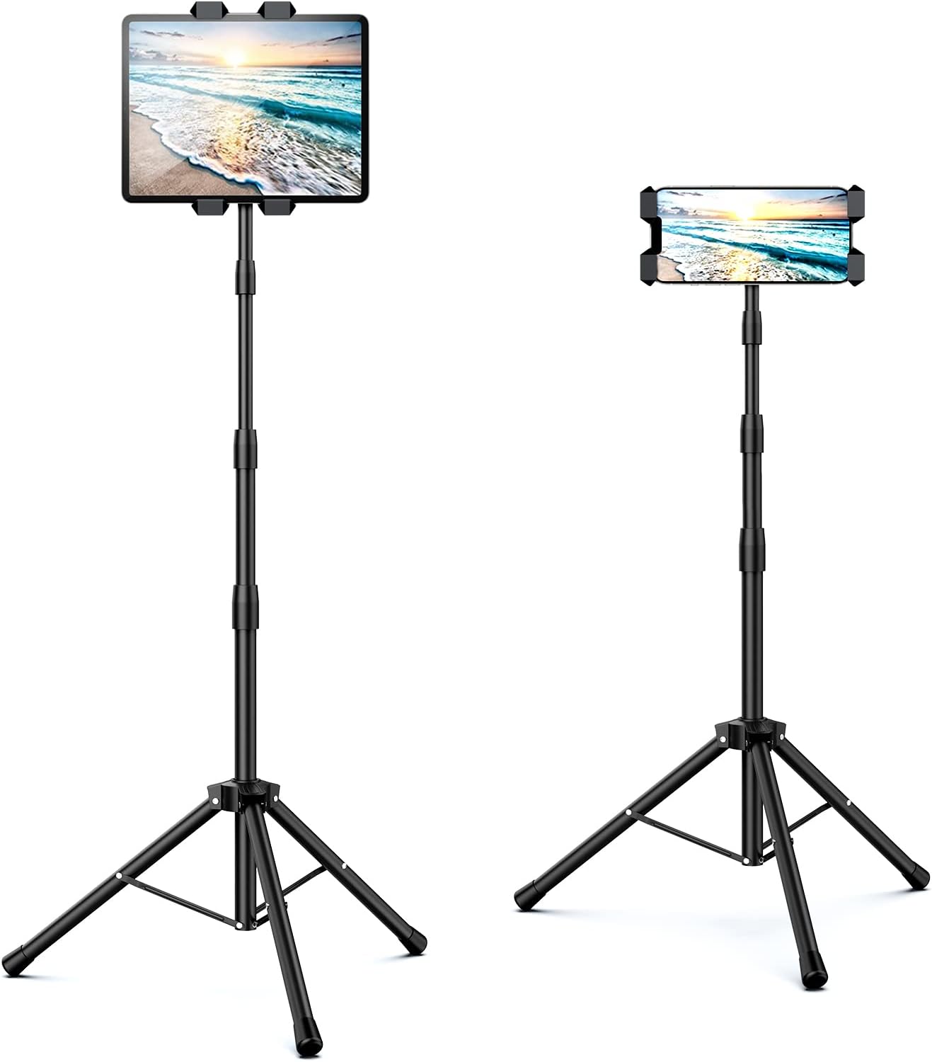 Raking Tablet Floor Stand, Height Adjustable Cellphone Floor Stand with 360°Rotating Tripod Mount, Compatible with iPhone iPad mini/Air/Pro and All 5.5-12.9 Inch Devices