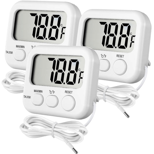 Kingdder 3 Pack Digital Thermometer with External Sensor Fridge Thermometer Freezer Waterproof Room Temperature Monitor with LCD Display, Max/min Record Function for Kitchen Aquarium Greenhouse