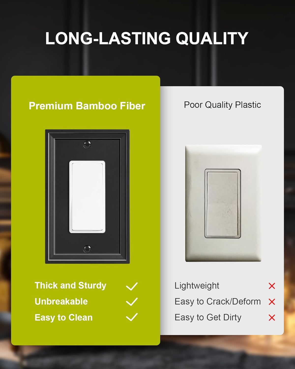 4-Pack Decorator Outlet Cover Plate, Black Decorative Switch Plates and Outlet Covers, Natural Bamboo Fiber Wall Plates for Electrical Outlets, Receptacle, GFCI Outlet, Dimmer Switch