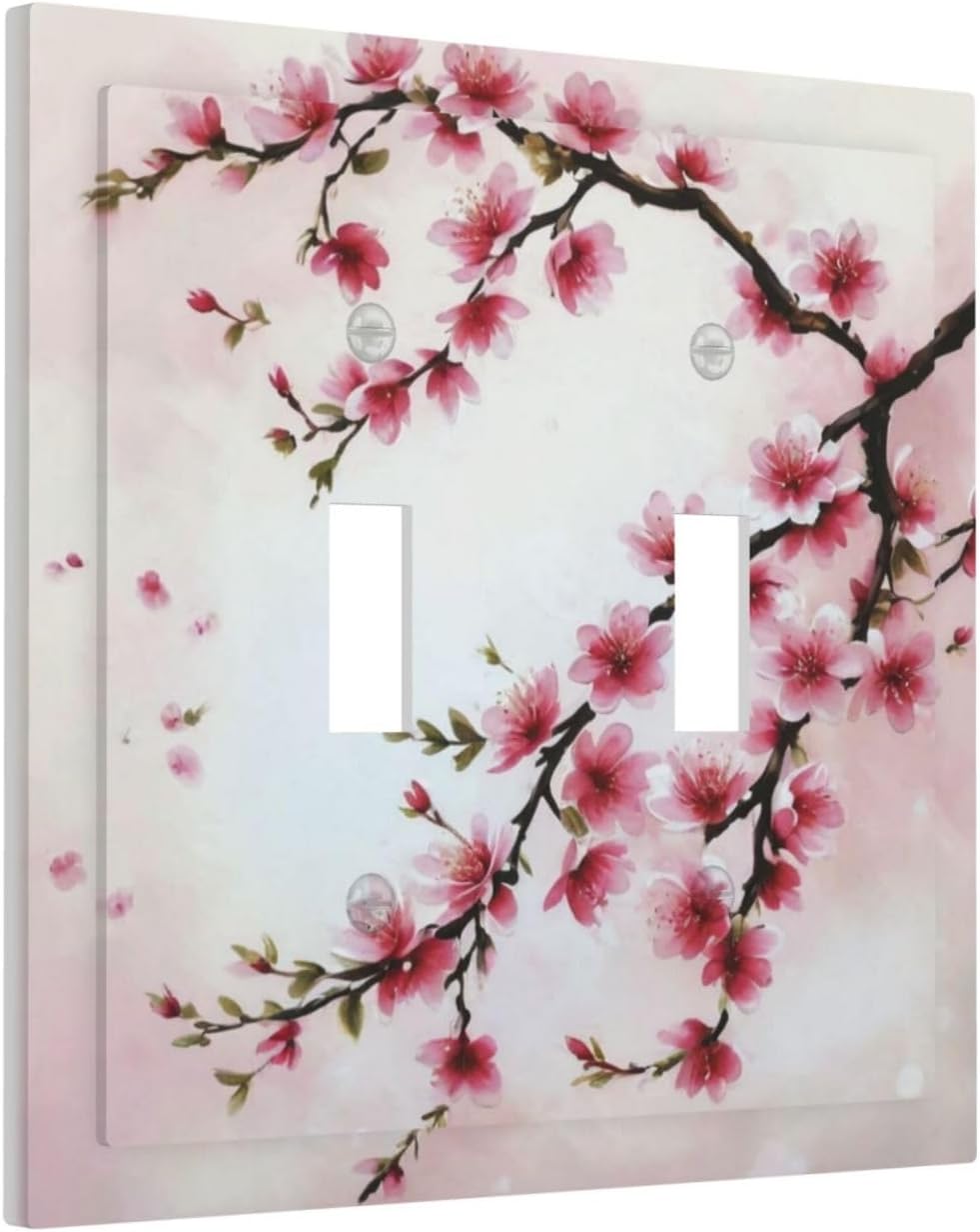 Branch with Pink Flowers Light Switch Covers Double Toggle 2 Gang Wall Plate Dual Decorative Switchplate Electrical Faceplate for Farmhouse Decor