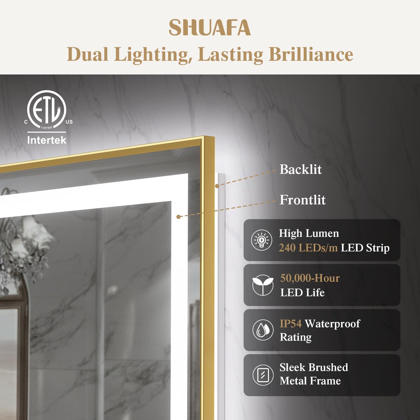 40X24 Inch LED Bathroom Mirror with Lights, Gold Frame Frontlit+ Backlit Bathroom Vanity Mirror for Wall, Ultra-Clear Tempered Glass, Shatter-Proof, Anti-Fog and Memory Function, ETL Listed