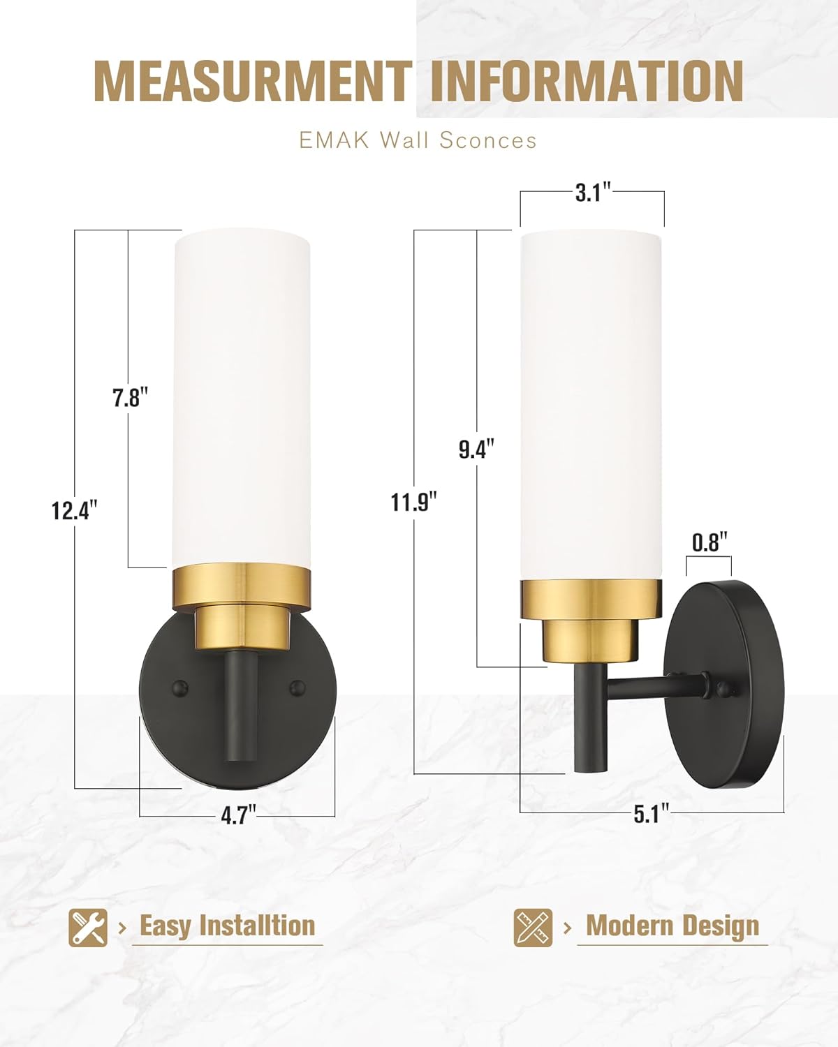 Emak Modern Wall Sconce, Black and Gold Bathroom Light Fixtures with Milk Glass Shade, Sconces Wall Lighting for Bathroom, Bedroom, Living Room, Hallway, WS085-BKBGD-ML