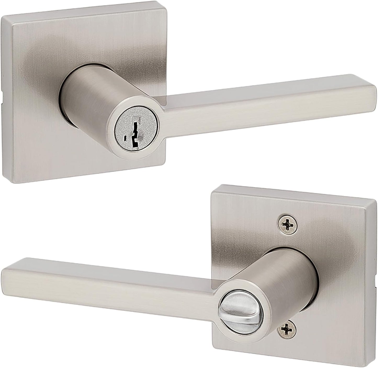 Kwikset Halifax Entry Door Handle with Lock and Key, Secure Keyed Reversible Lever Exterior, For Front Entrance and Bedrooms, Satin Nickel, Pick Resistant Smartkey Rekey Security and Microban