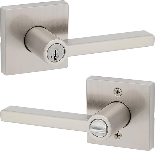 Kwikset Halifax Entry Door Handle with Lock and Key, Secure Keyed Reversible Lever Exterior, For Front Entrance and Bedrooms, Satin Nickel, Pick Resistant Smartkey Rekey Security and Microban