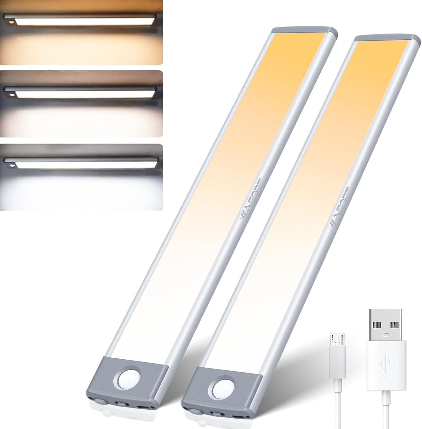 Under Cabinet Lights, Dimmable 60 LED Motion Sensor Light Indoor 2 Pack- Wireless USB Rechargeable, 3 Color Magnetic Closet Light for Kitchen, Wardrobe Storage