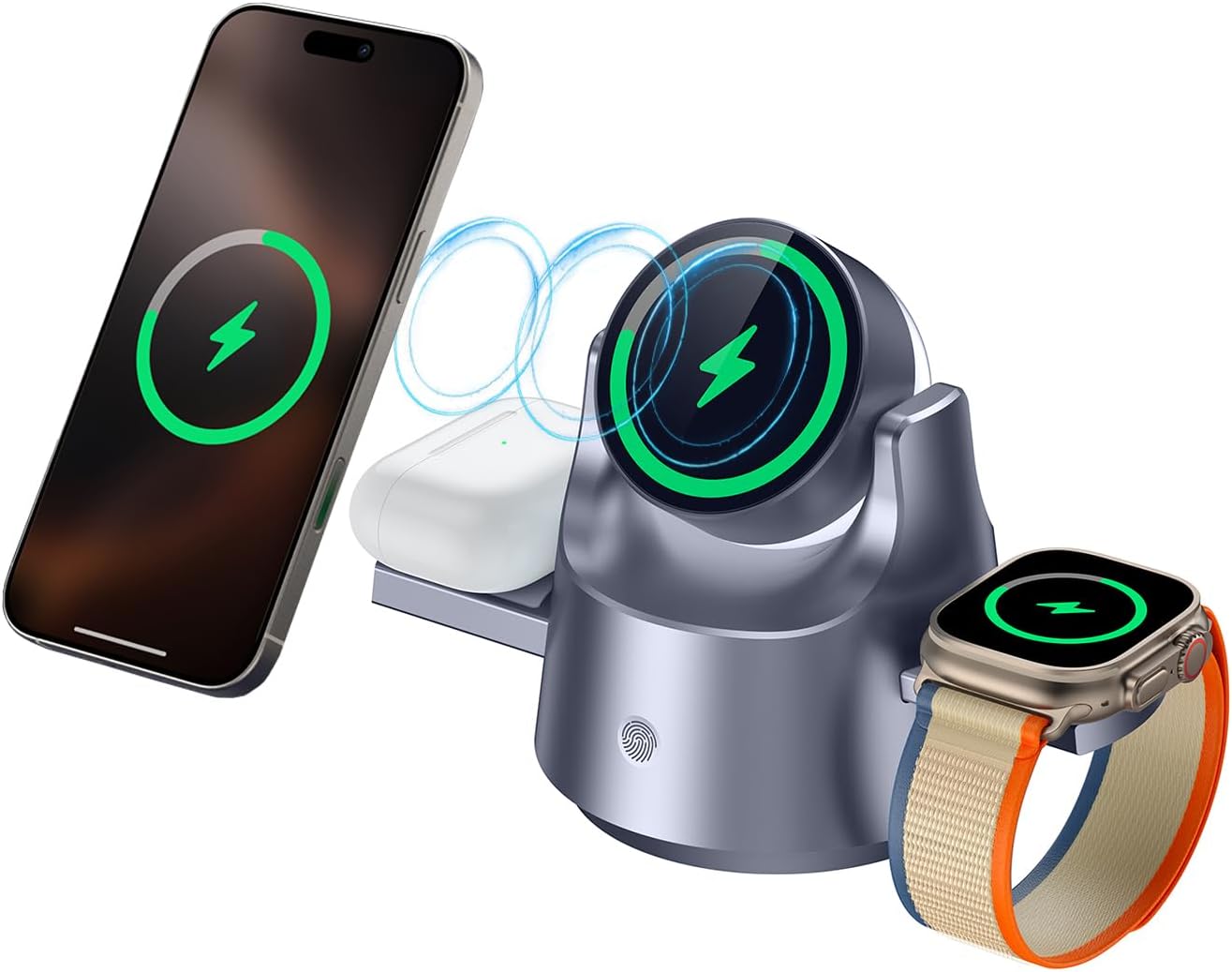 Smart iPhone Charger 4 in 1 Wireless Charging Station for iPhone, Apple Watch & AirPods – Motorized Expandable Dock with 110° Rotation, 15W, RGB Night Light, CE/FCC Certified