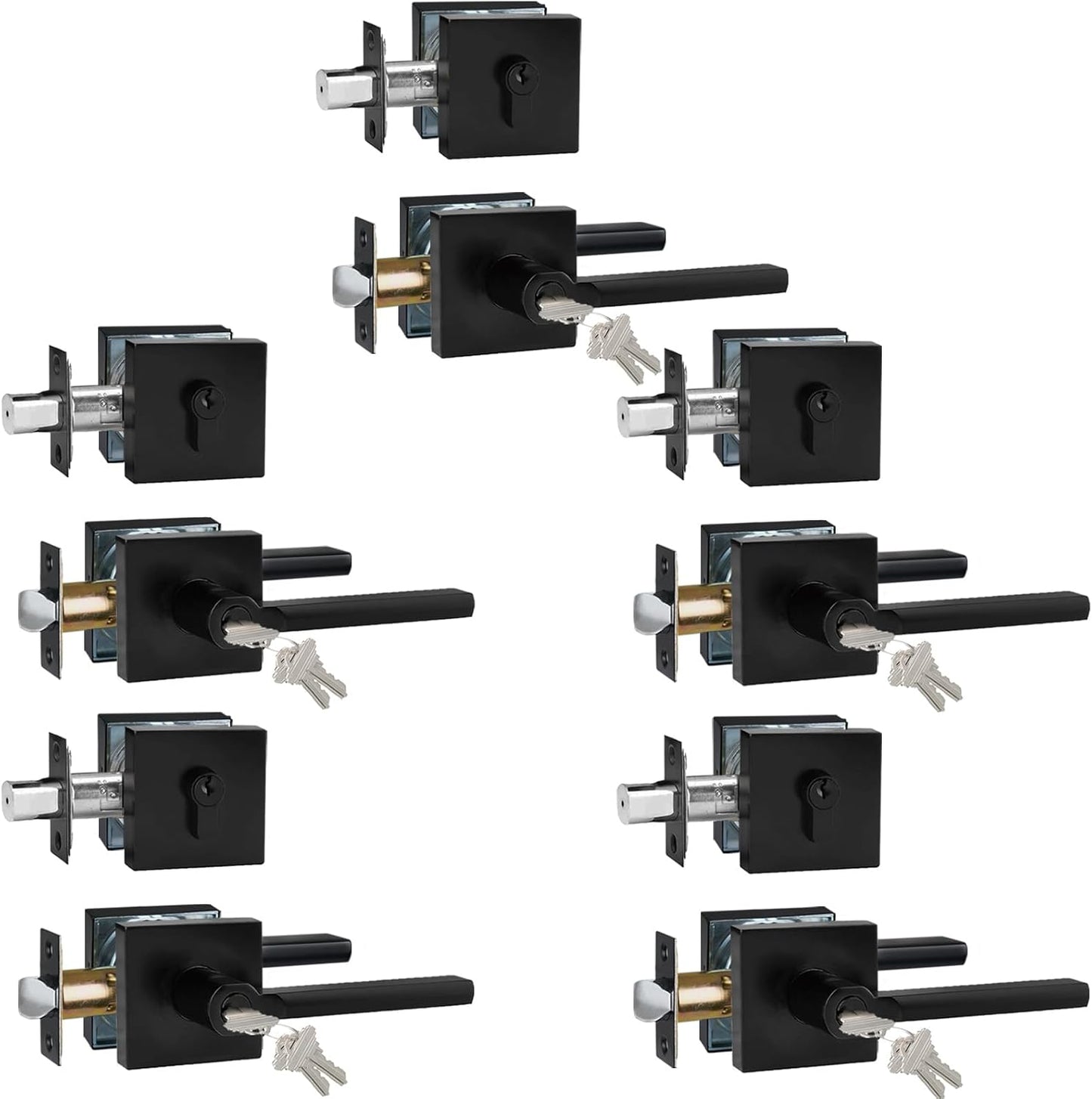 Keyed Entry Door Handle with Single Cylinder Deadbolt, Keyed Alike(Same Keys Only Per Set) Front Door/Exterior Door Lever Lockset, Matte Black, 5 Sets of Locks with 5 Sets of Different Keys