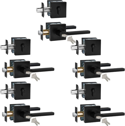 Keyed Entry Door Handle with Single Cylinder Deadbolt, Keyed Alike(Same Keys Only Per Set) Front Door/Exterior Door Lever Lockset, Matte Black, 5 Sets of Locks with 5 Sets of Different Keys