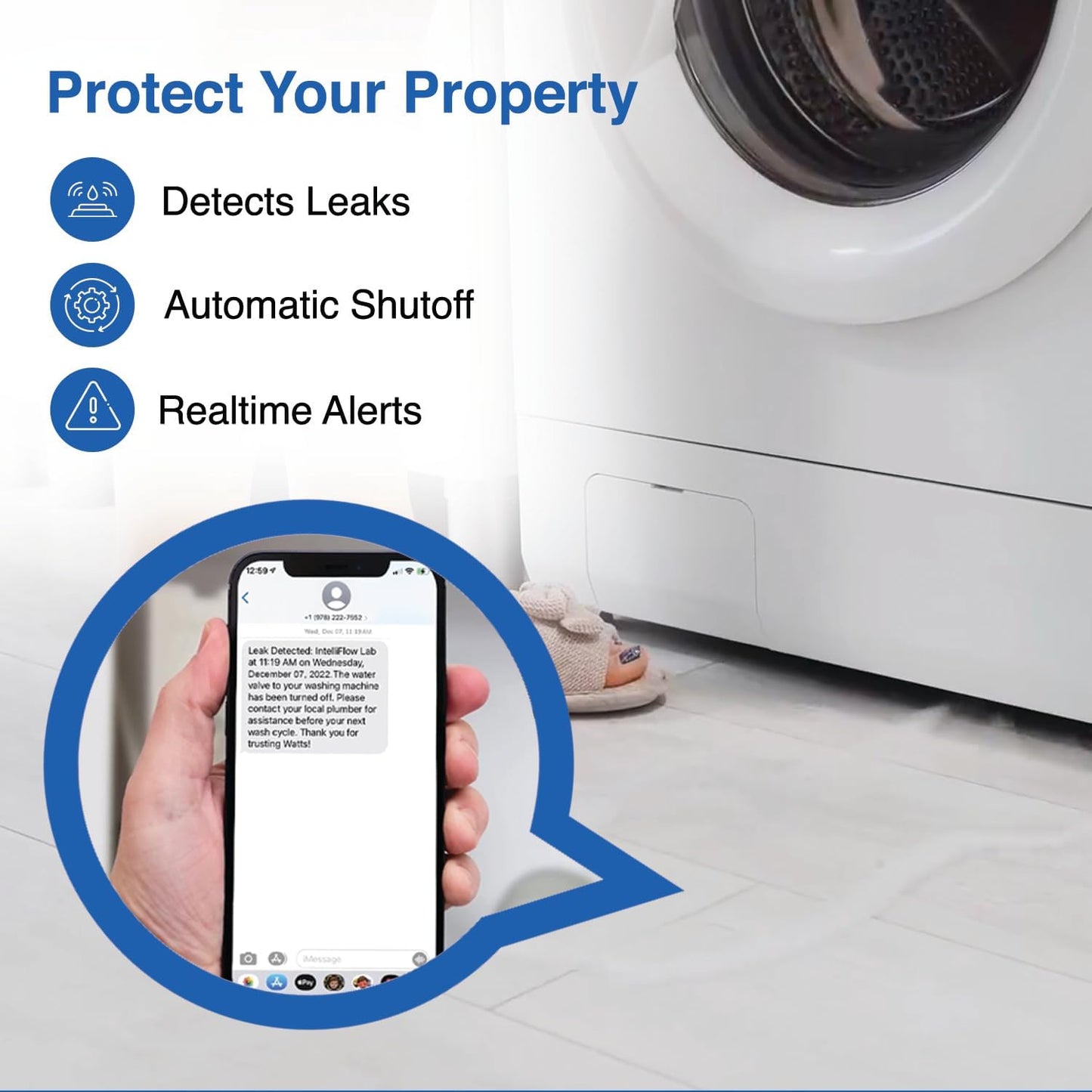 Watts A2C-SC-WB Series Intelliflow 1/2" Washing Machine Smart Water Shutoff Valve with Leak Sensor, Inlet Adapters, Wall Box, Automated Flood Detection with Real-Time Text and E-mail Alerts