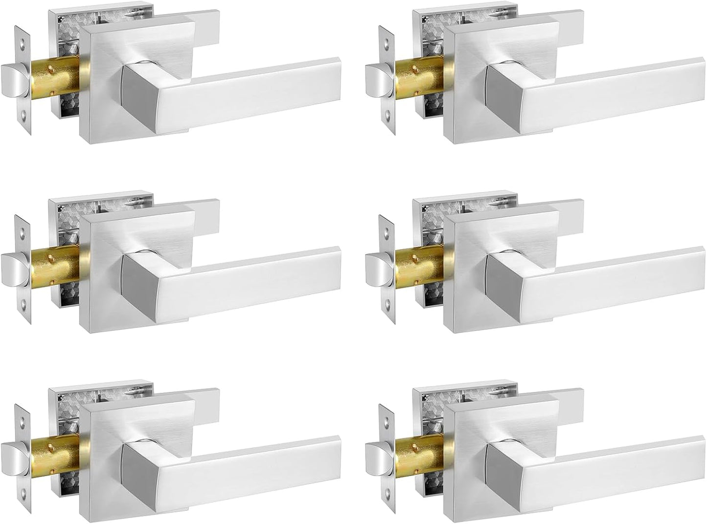 Square Passage Door Lever, Heavy Duty Interior Door Handles for Hallway& Closet Non-Locking Door Knob in Satin Nickel Keyless Door Lockset for Right & Left Side Door, 6 Pack