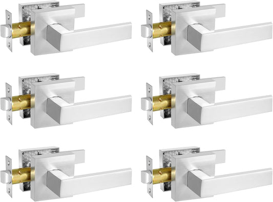 Square Passage Door Lever, Heavy Duty Interior Door Handles for Hallway& Closet Non-Locking Door Knob in Satin Nickel Keyless Door Lockset for Right & Left Side Door, 6 Pack