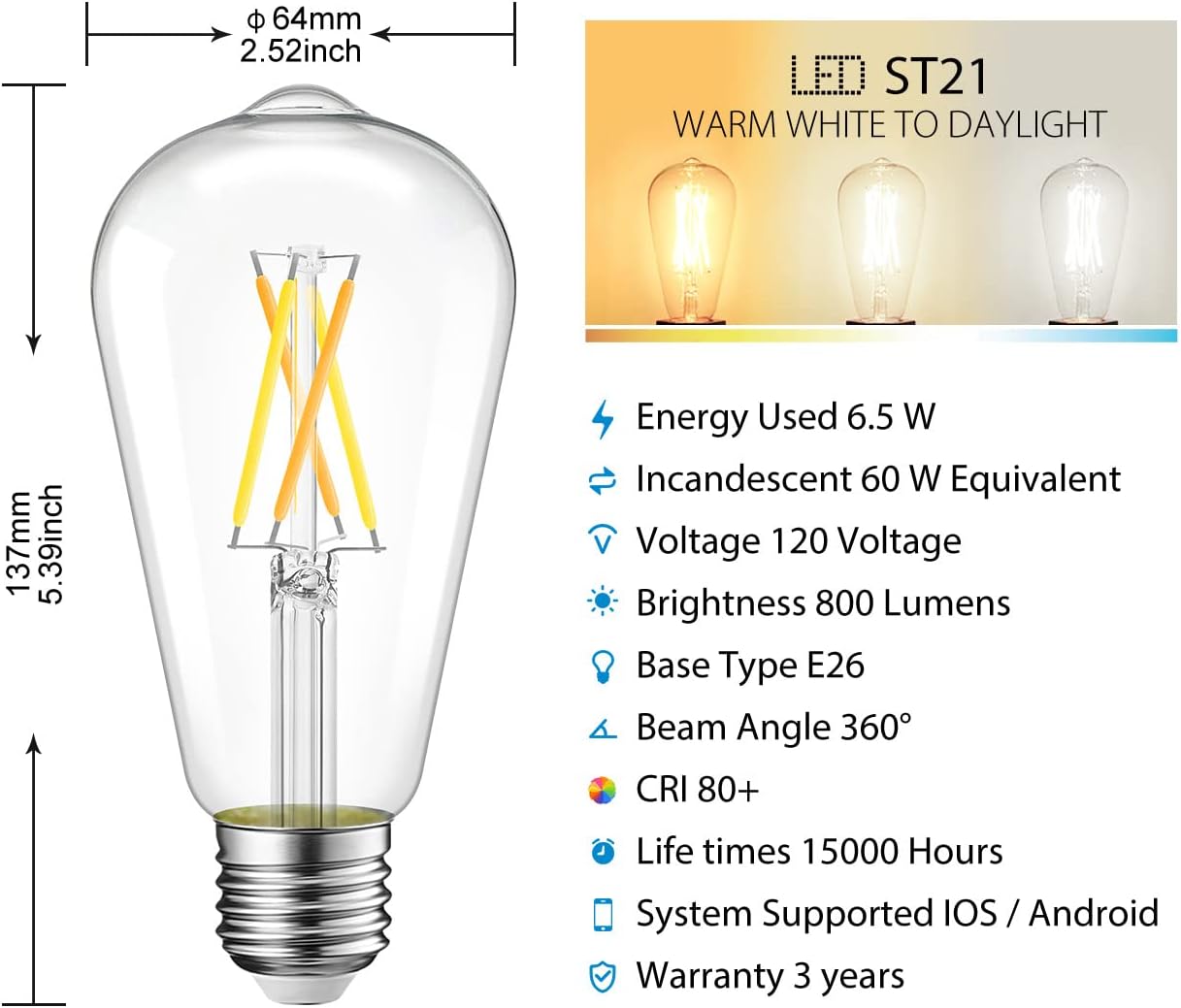 LVWIT WiFi Dimmable Vintage LED ST21 Edison Smart Bulb, 60 Watt Equivalent, E26 Base, 2700K - 6500K, Compatible with Alexa, Google Assistant, No Hub Required,4 Pack