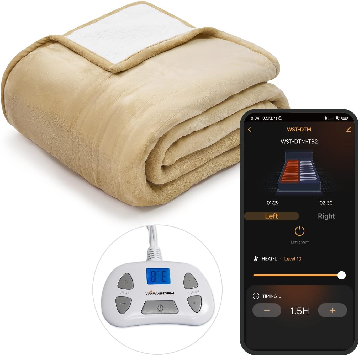 Warm Storm Wi-Fi Wireless Electric Blanket Queen Size 84x90 Inch Flannel & Sherpa with Controller, Smartphone Connection(2.4Ghz), 10 Heating Levels 12 Hours Timer, Machine Washable, Beige