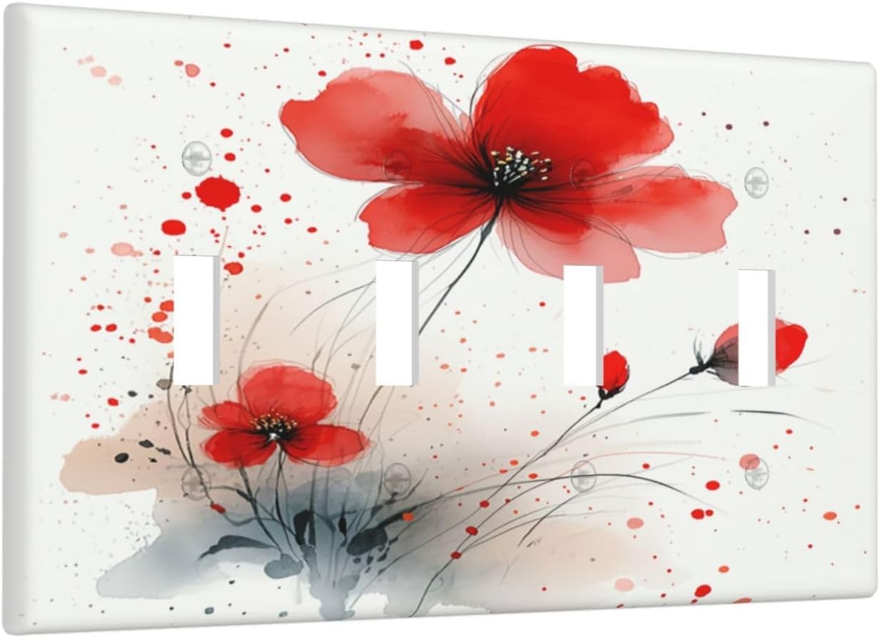 Vintage Watercolor Red Flowers Floral Light Switch Covers Quad Toggle 4 Gang Wall Plate Decorative Switch Plates Electrical Faceplate for Bedroom Bathroom Decor