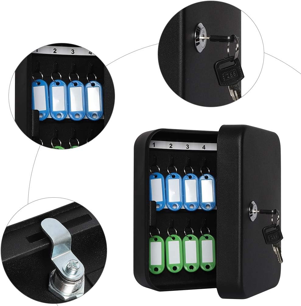 JSSMST Key Lock Box Wall Mount Security Cabinet, 20 Key Hooks & Tags, 7.87 x 6.3 x 2.95 Inches, Black Matt