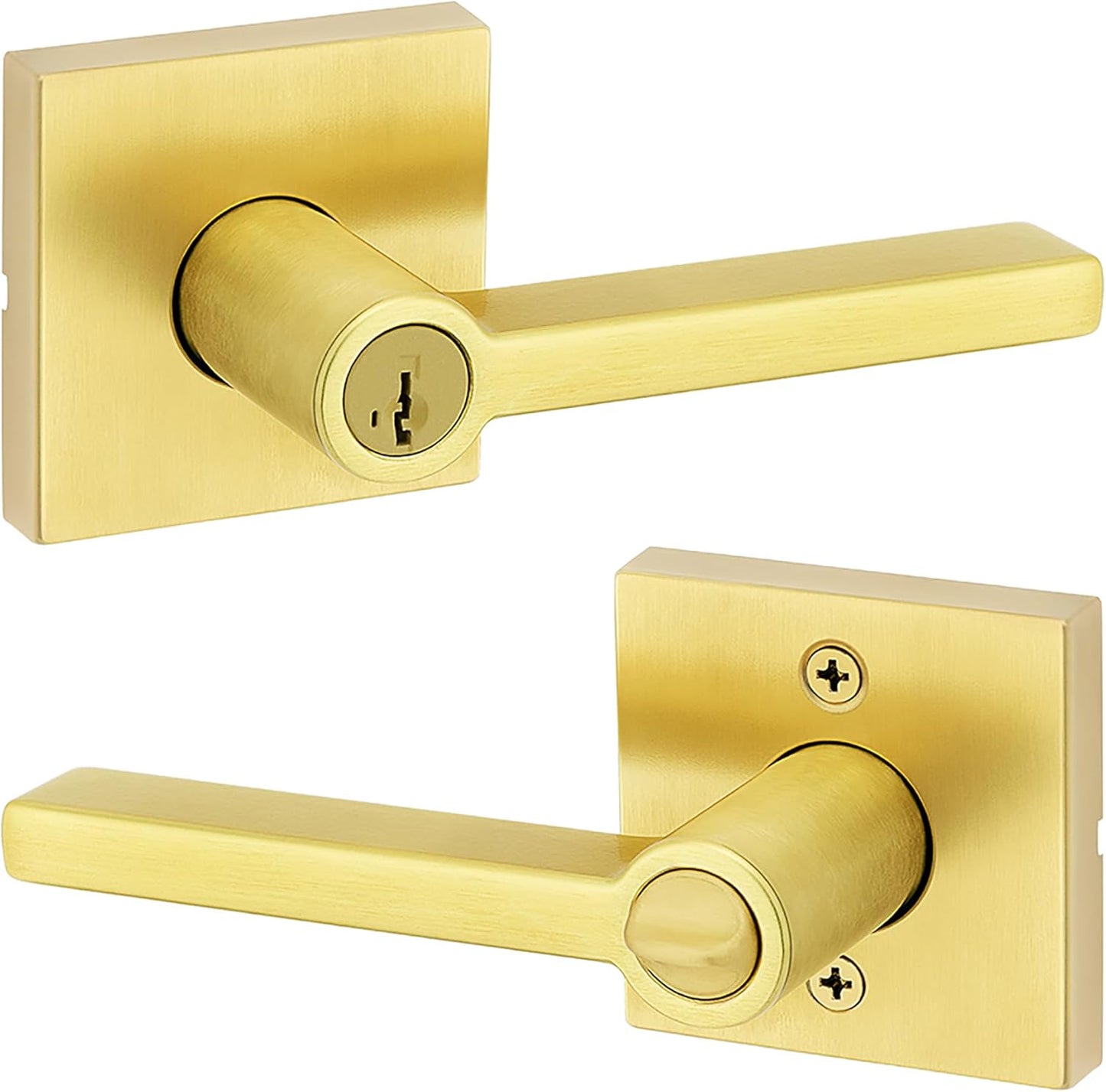 Kwikset Halifax Entry Door Handle with Lock and Key, Secure Keyed Reversible Lever Exterior, for Front Entrance and Bedrooms, Satin Brass, Pick Resistant Smartkey Rekey Security and Microban