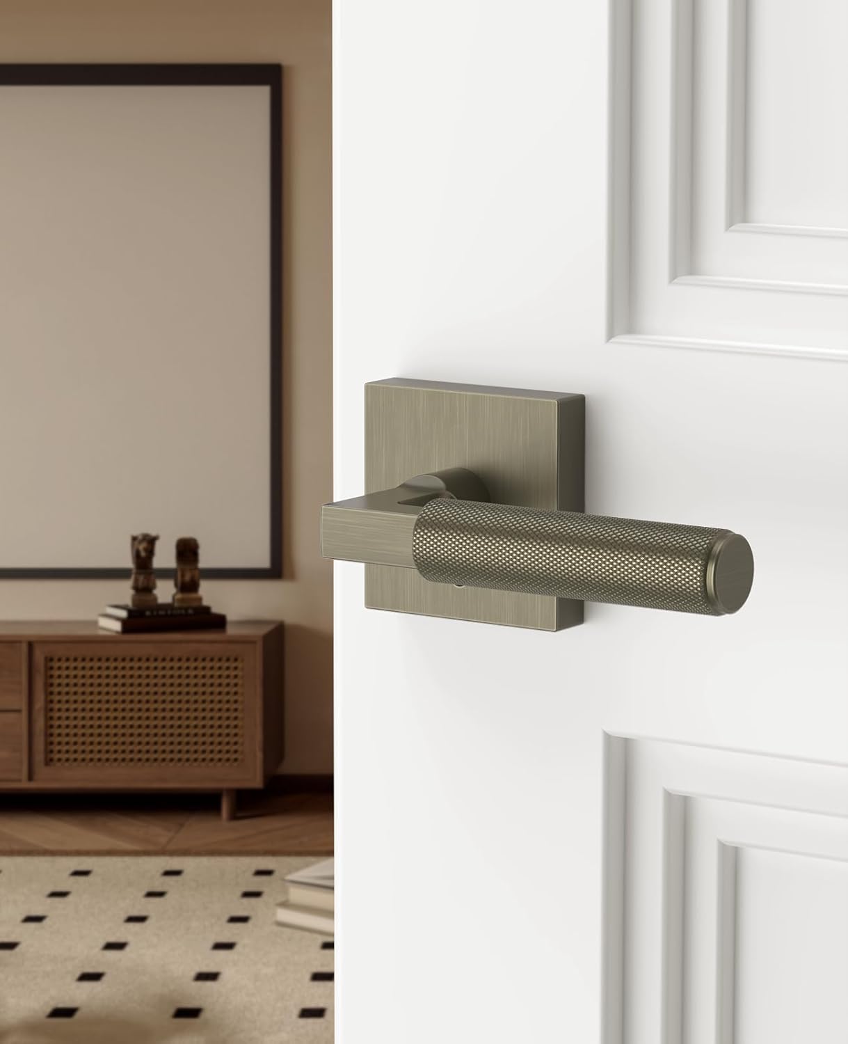 Asidrama 1 Pack Brushed Antique Brass Privacy Door Handles, Door Lever with Door Knobs Indoor for Bedroom or Bathroom, Heavy Duty Door Handles Interior with Locks for Left Right Sided Doors