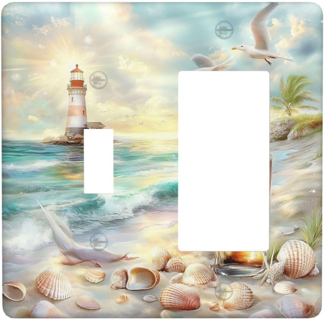 Outlet Covers Beach Ocean Lighthouse Seashells 1 Toggle 1 Rocker Combination Decorative Wall Plate Electrical Switch Plates Light Switch Cover Plate For Bed Room Living Room Decor