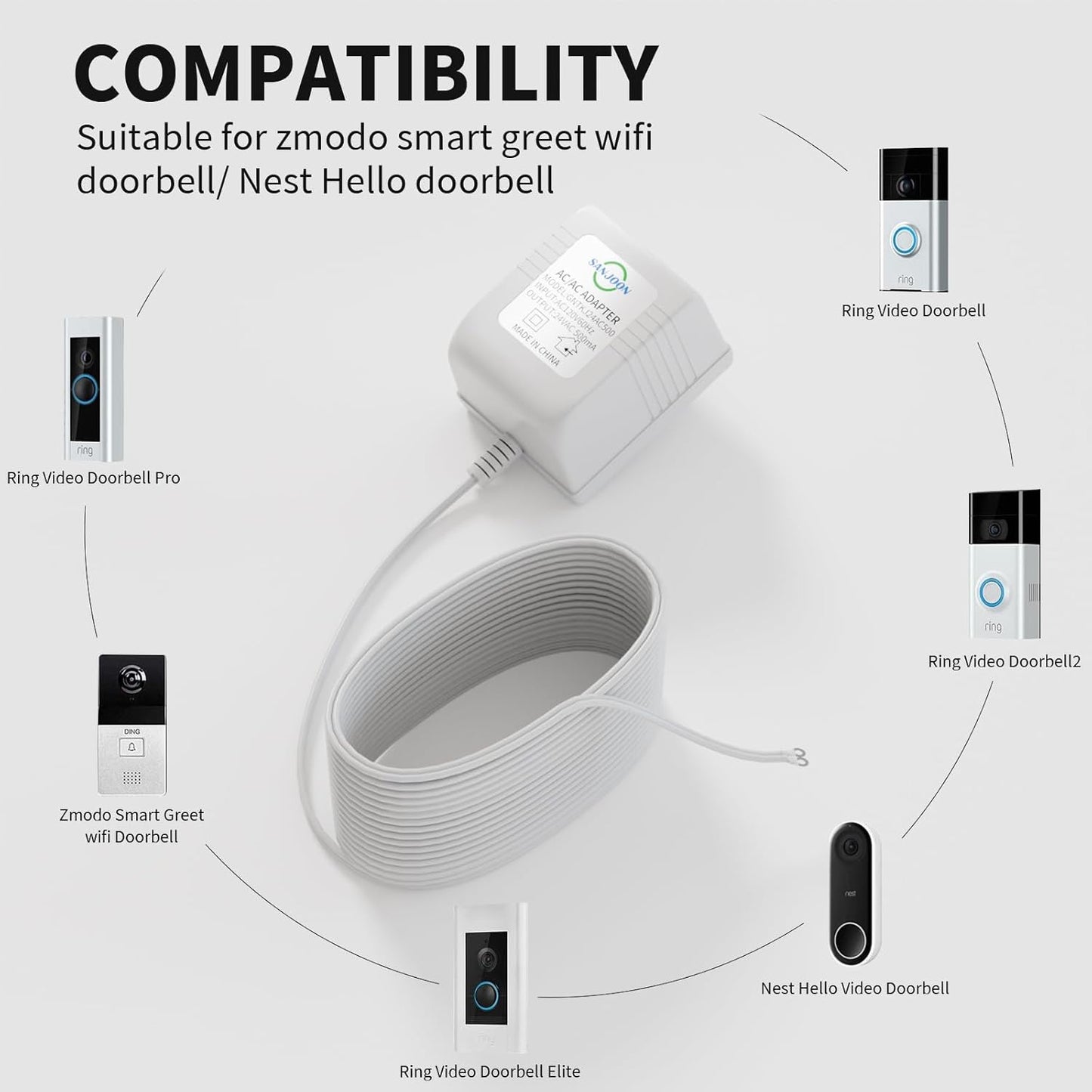 18V Video Doorbell Power Transformer,18Volt 500MA Doorbell Power Adapter, Compatible with Ring, Nest, Wyze, Arlo Wireless Video doorbell(26ft Cable,White)