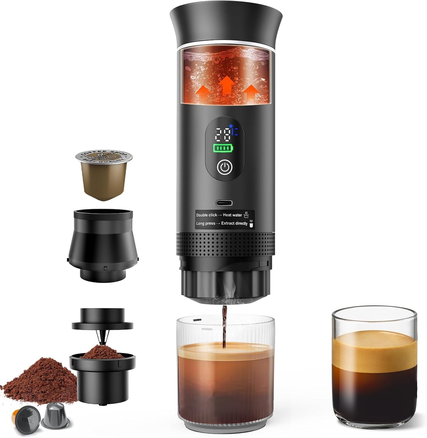 Portable Battery Espresso Coffee Maker for Travel, 20 bar Smart Display Mini Car Espresso Machines, 3-in-1 Self-Heating Electric Espresso Maker, USB-C Ground Coffee & Capsule Pod(Ns&DG) RV, Hiking